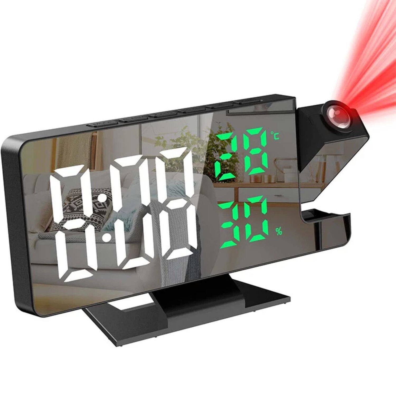 Stock Preferred - Green LED Projection Alarm Clock – Temp & Humidity Display - Black