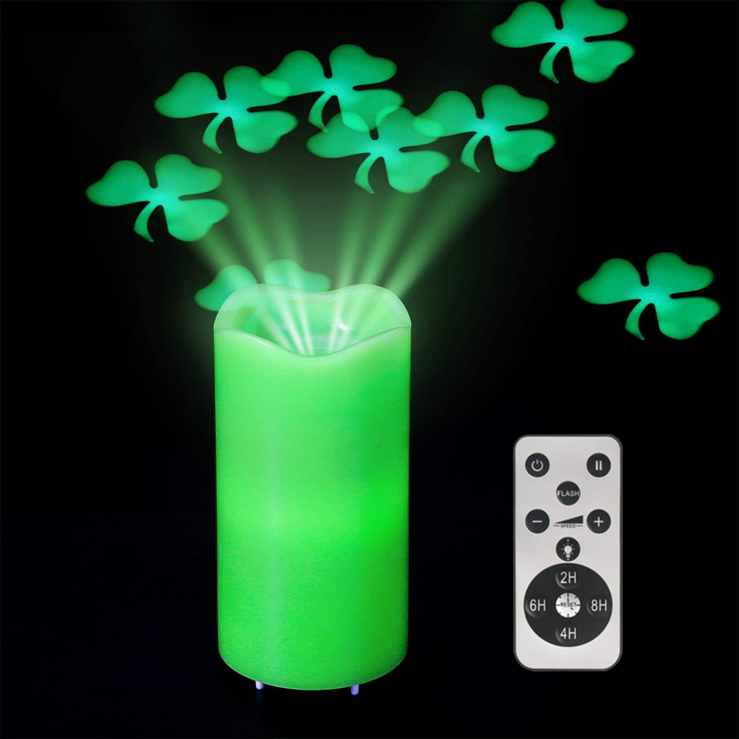 Paradigms Interiors - St Patrick' Day Led Candle With Lucky Projection Real Wax Remote Control Decorative Projector Light - Green-2PCs