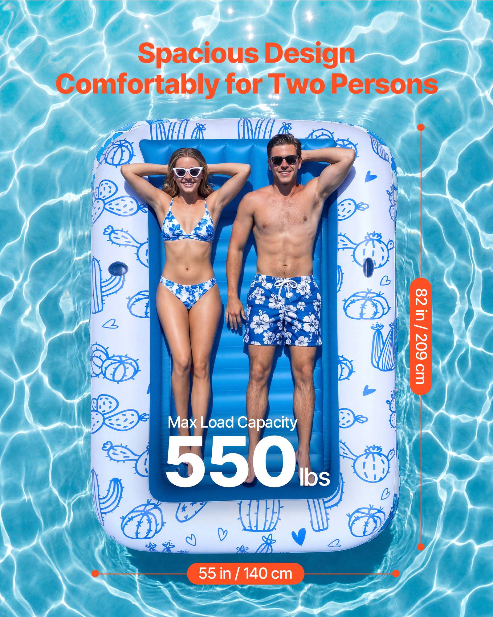 Spacious Design Comfortably for Two Persons  
82 in / 209 cm  
Max Load Capacity 550 lbs  
55 in / 140 cm