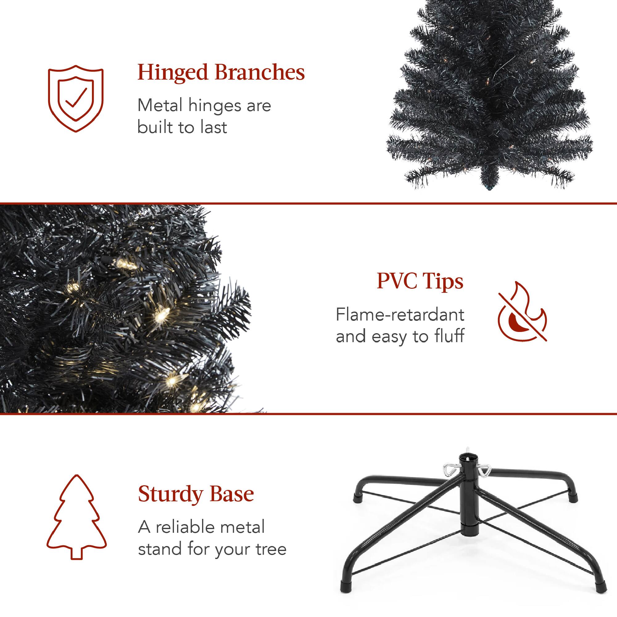 Hinged Branches: Metal hinges are built to last.  
PVC Tips: Flame-retardant and easy to fluff.  
Sturdy Base: A reliable metal stand for your tree.