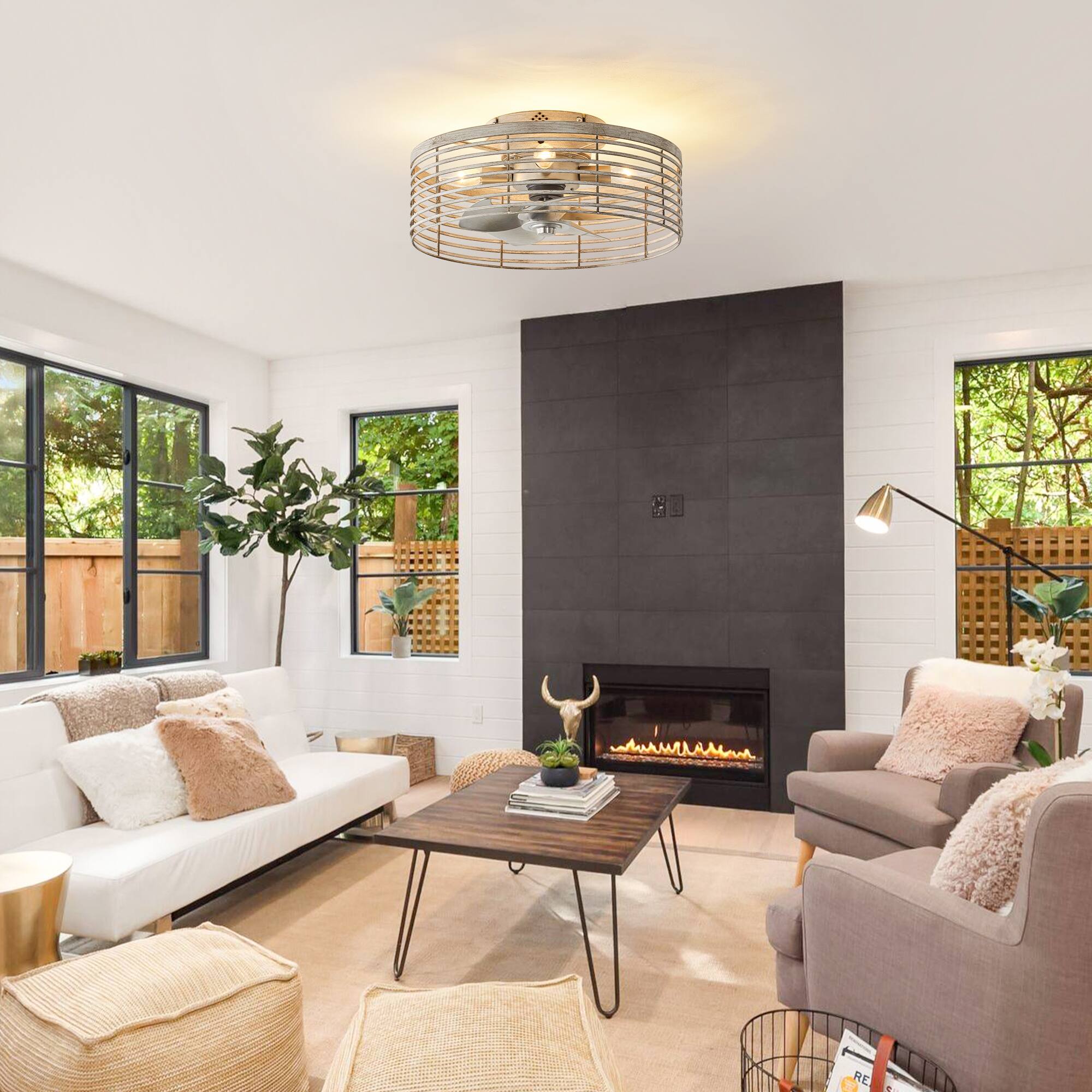 Angle. Vaczon - 18" Industrial Caged Ceiling Fan with Light and Remote, 6-Speed Reversible DC Motor, Flush Mount Ceiling Fan - Distressed silver.