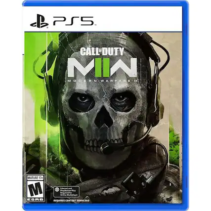 PS5
CALL OF DUTY
MIN
MODERN WARFARE II
MATURE 17+
M ESRB
Internet and PlayStation Plus Required for Online Multiplayer
REQUIRES CONTENT DOWNLOAD - M (Mature 17+)