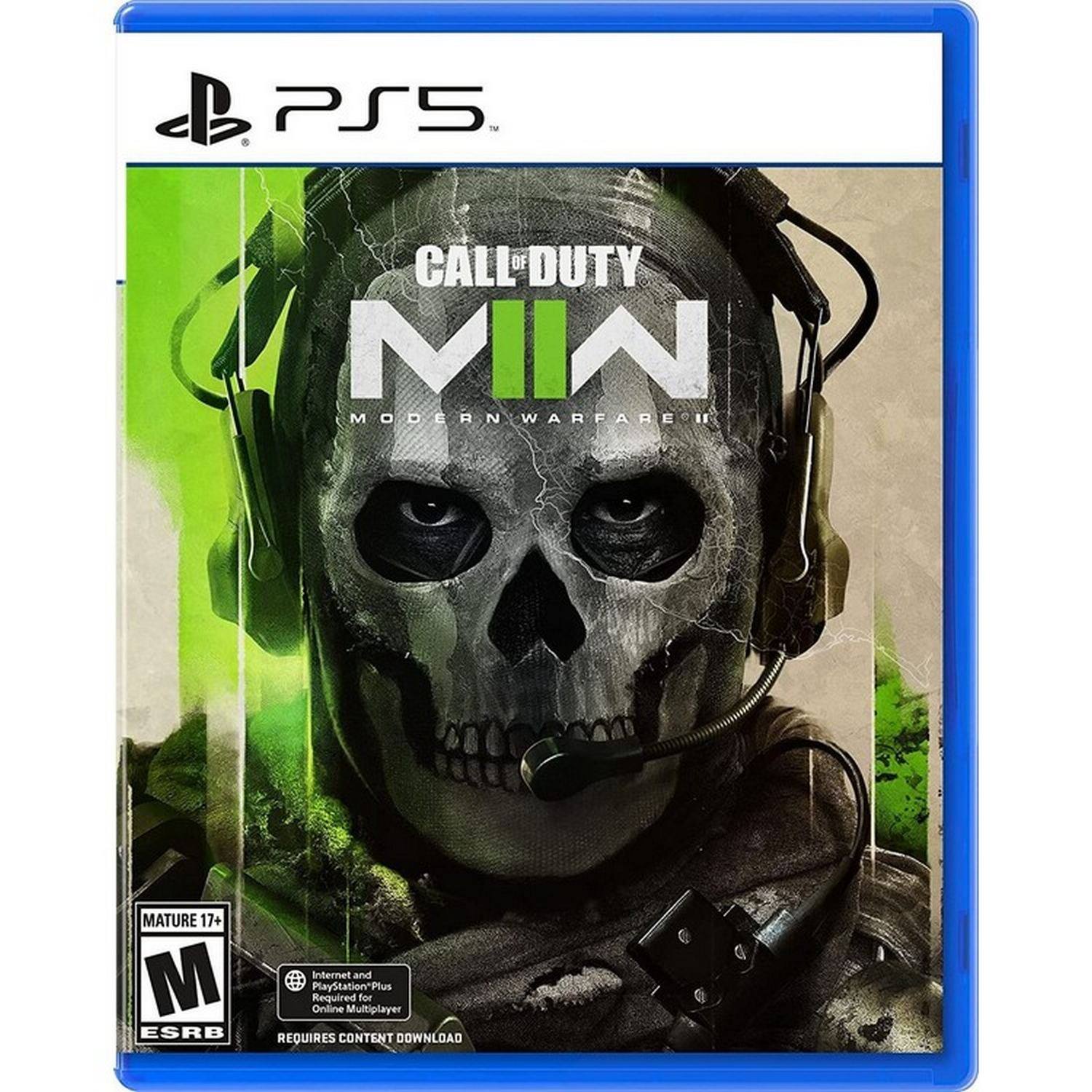 PS5  
CALL OF DUTY  
MIN  
MODERN WARFARE II  

MATURE 17+  
M ESRB  

Internet and PlayStation Plus Required for Online Multiplayer  
REQUIRES CONTENT DOWNLOAD