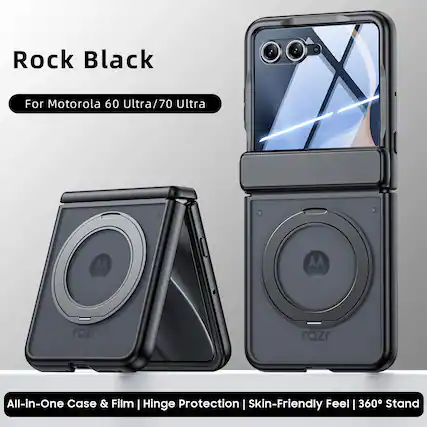 Rock Black For Motorola 60 Ultra/70 Ultra M M rozr razr All-in-One Case & Film I Hinge Protection I Skin-Friendly Feel I 360° Stand
