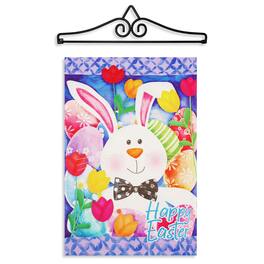 G128 - Combo Pack Garden Flag Hanger 14.2in & Happy Easter Bunny Tulips 12x18in Double-Sided Garden Flag - Multicolor