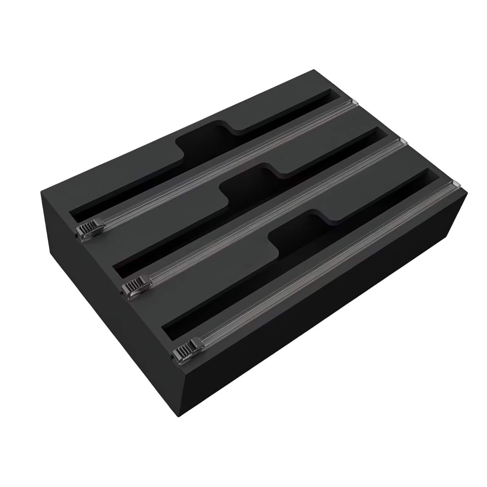 Tooloton - 3 in 1 Wrap Dispenser with Cutter and Labels, Storage Holder for 12-Inch Plastic Wrap, Foil, and Wax Paper Rolls - Black