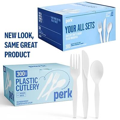 NEW LOOK, SAME GREAT PRODUCT

perk
YOUR ALL SETS
300 PIECES
CUTLERY TEN SETS TO GO FOR MORE WORRIES
300 PIECES
PLASTIC CUTLERY
MEDIUM WHITE
ASSORTED PLASTIC CUTLERY