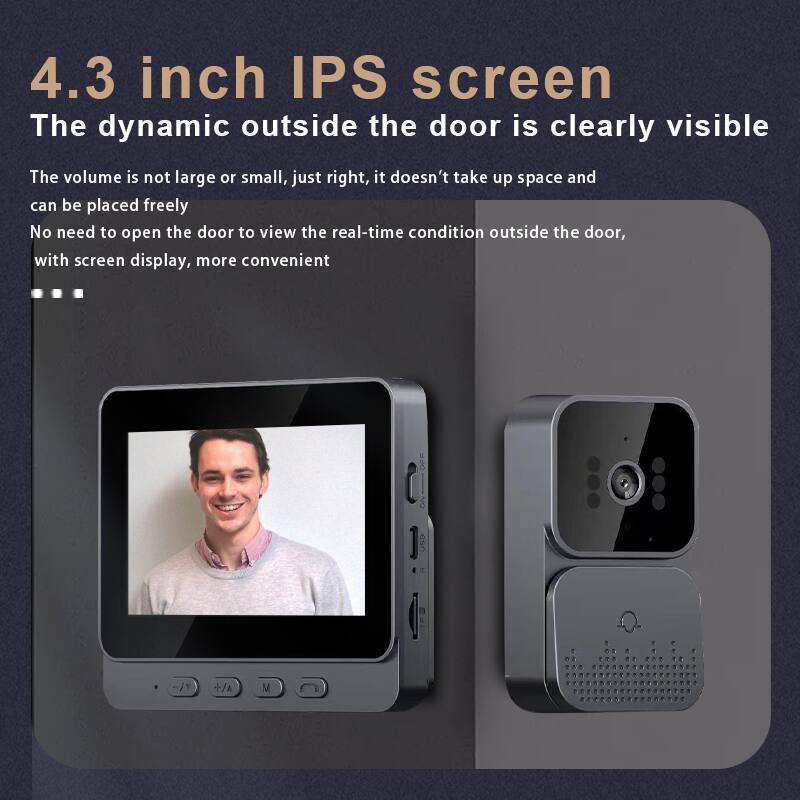 4.3 inch IPS screen  
The dynamic outside the door is clearly visible  

The volume is not large or small, just right, it doesn't take up space and can be placed freely  
No need to open the door to view the real-time condition outside the door, with screen display, more convenient