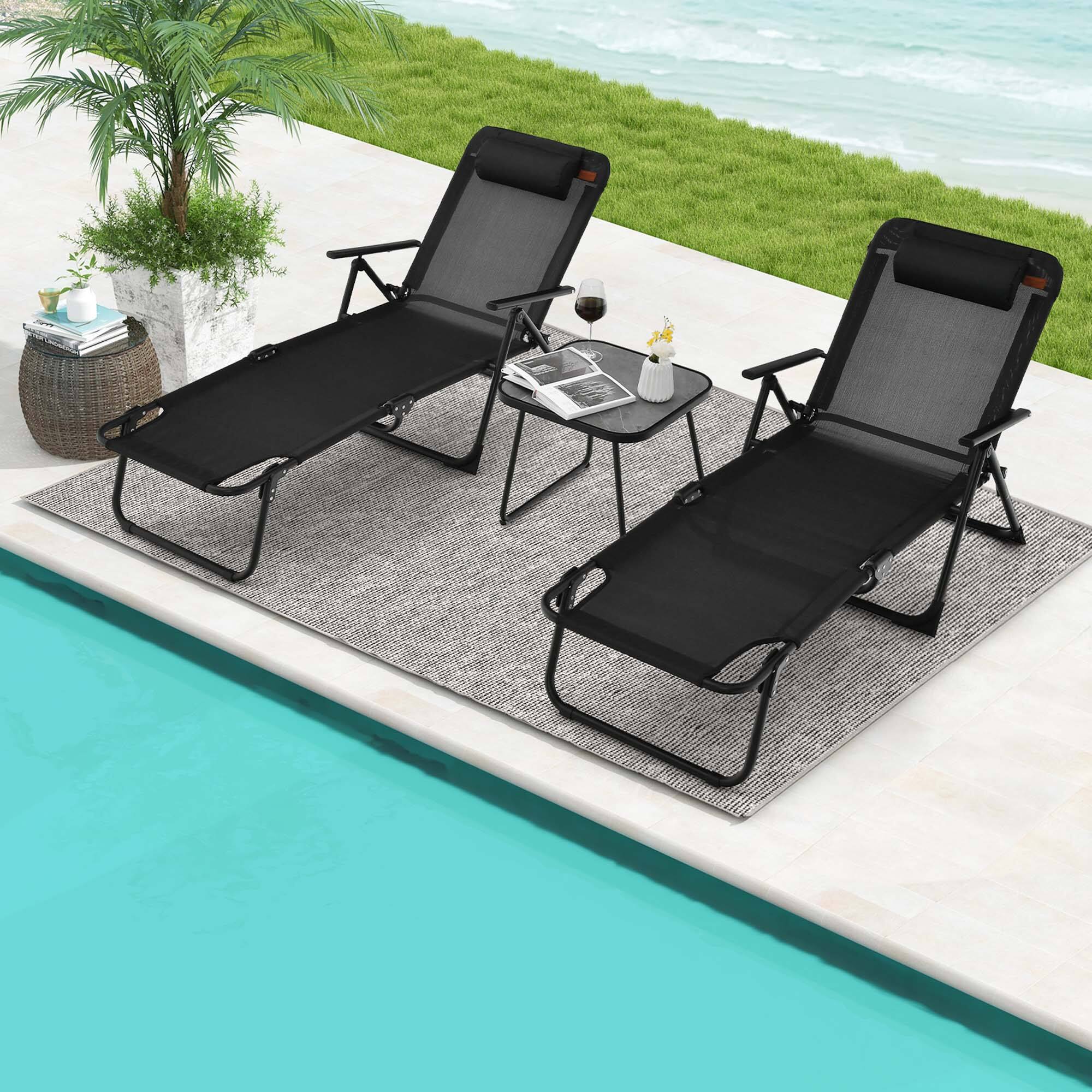 Alt View 1. Costway - Costway 3pcs Patio Folding Chaise Lounge Chair PVC Tabletop Set Outdoor Portable Beach - Black.