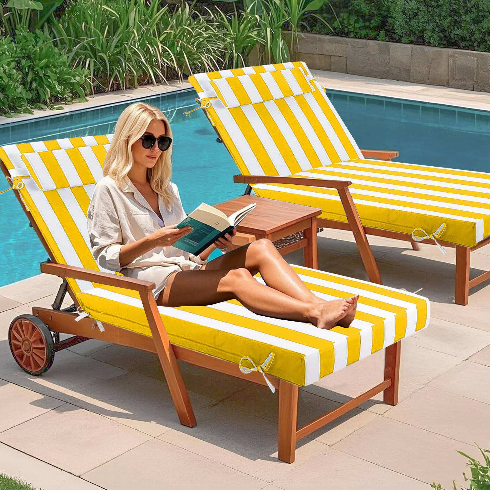 Alt View 6. Chateau Abodes - 4PCS Outdoor Chaise Lounge Cushion, Waterproof Patio Chaise Lounge Cushion with Ties, 72" L X 21" W X 3" D - Bright Yellow and White Stripes.