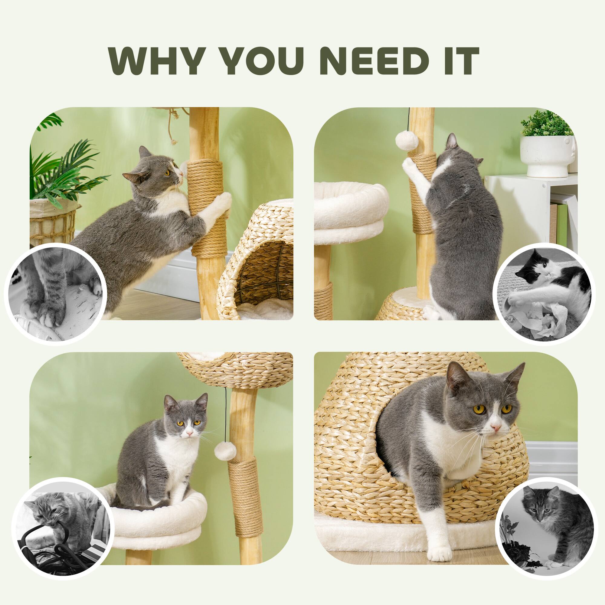 Alt View 4. Pawhut - 41" Wooden Cat Tree for Indoor Cats, Tower with 2 Real Branch Scratching Posts, Condo, Beds & Toy Balls, Activity Center - Cream White.