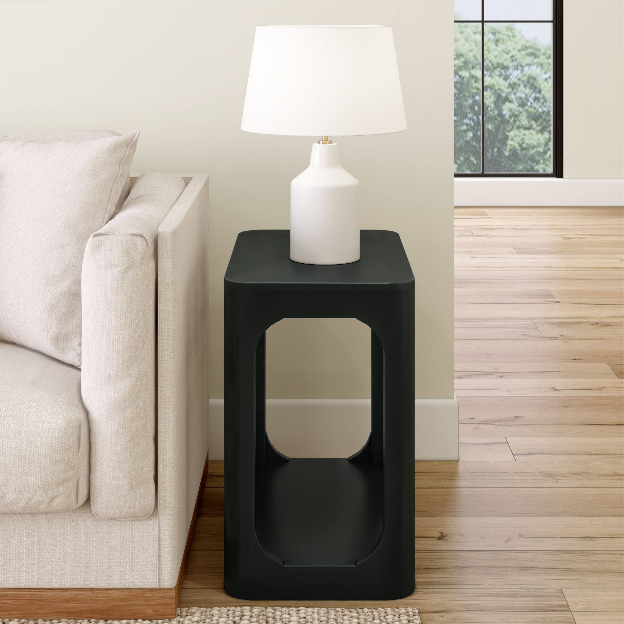 Alt View 1. Plank+Beam - Modern Rounded Rectangular Side Table with Shelf (25in x 15in / 630mm x 375mm), Black - Black.