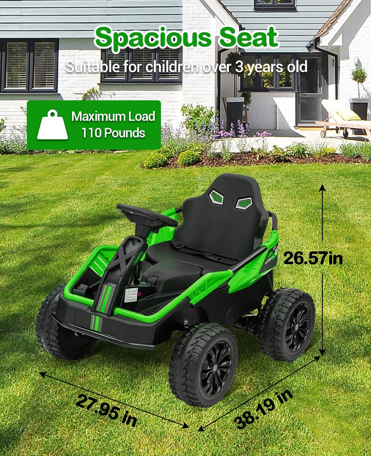 Spacious Seat  
Suitable for children over 3 years old  

Maximum Load 110 Pounds  

26.57 in  
27.95 in  
38.19 in