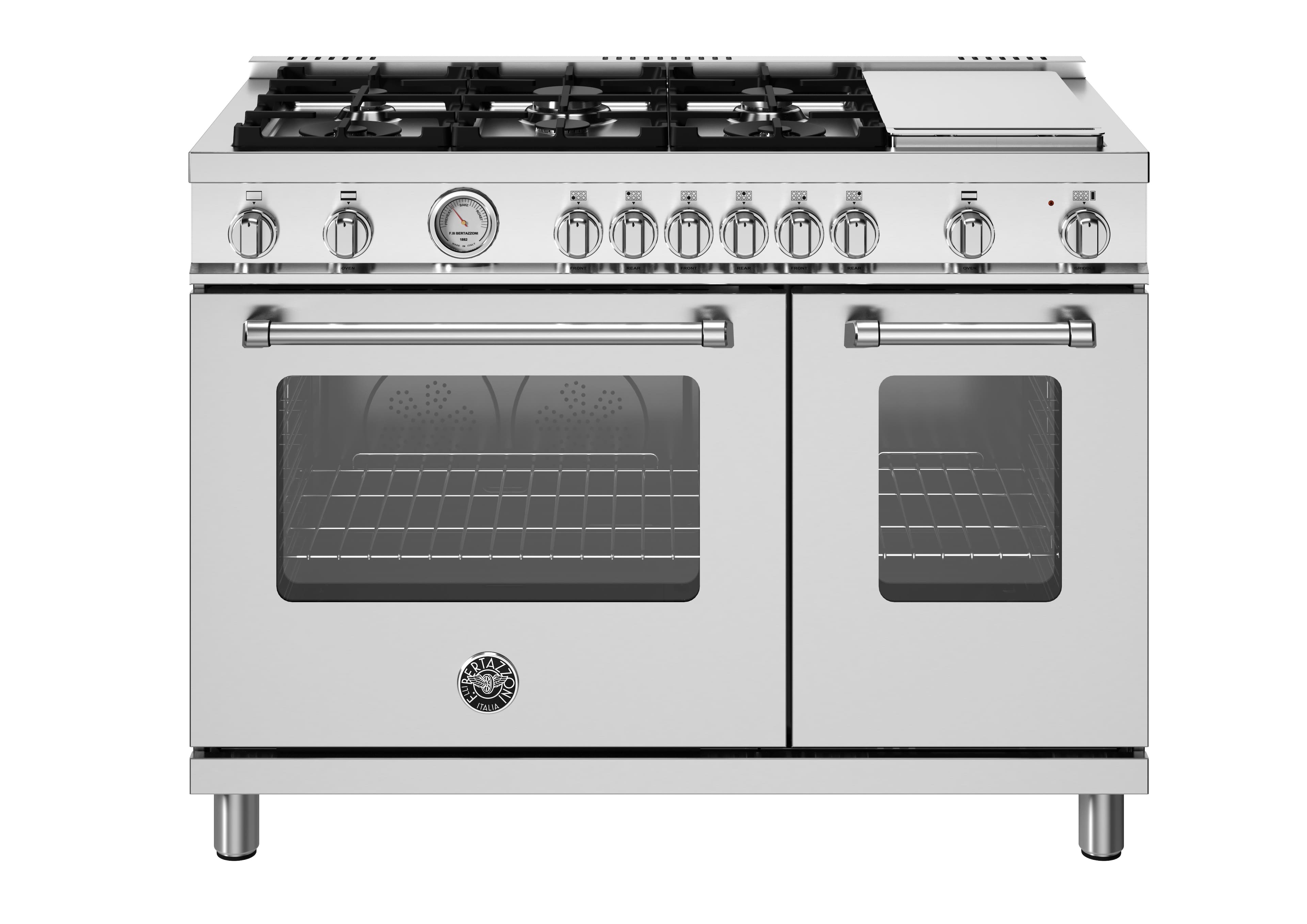 Front. Bertazzoni - 48" Master Series range - Gas Oven - 6 aluminum burners + griddle - LP version - Stainless Steel.