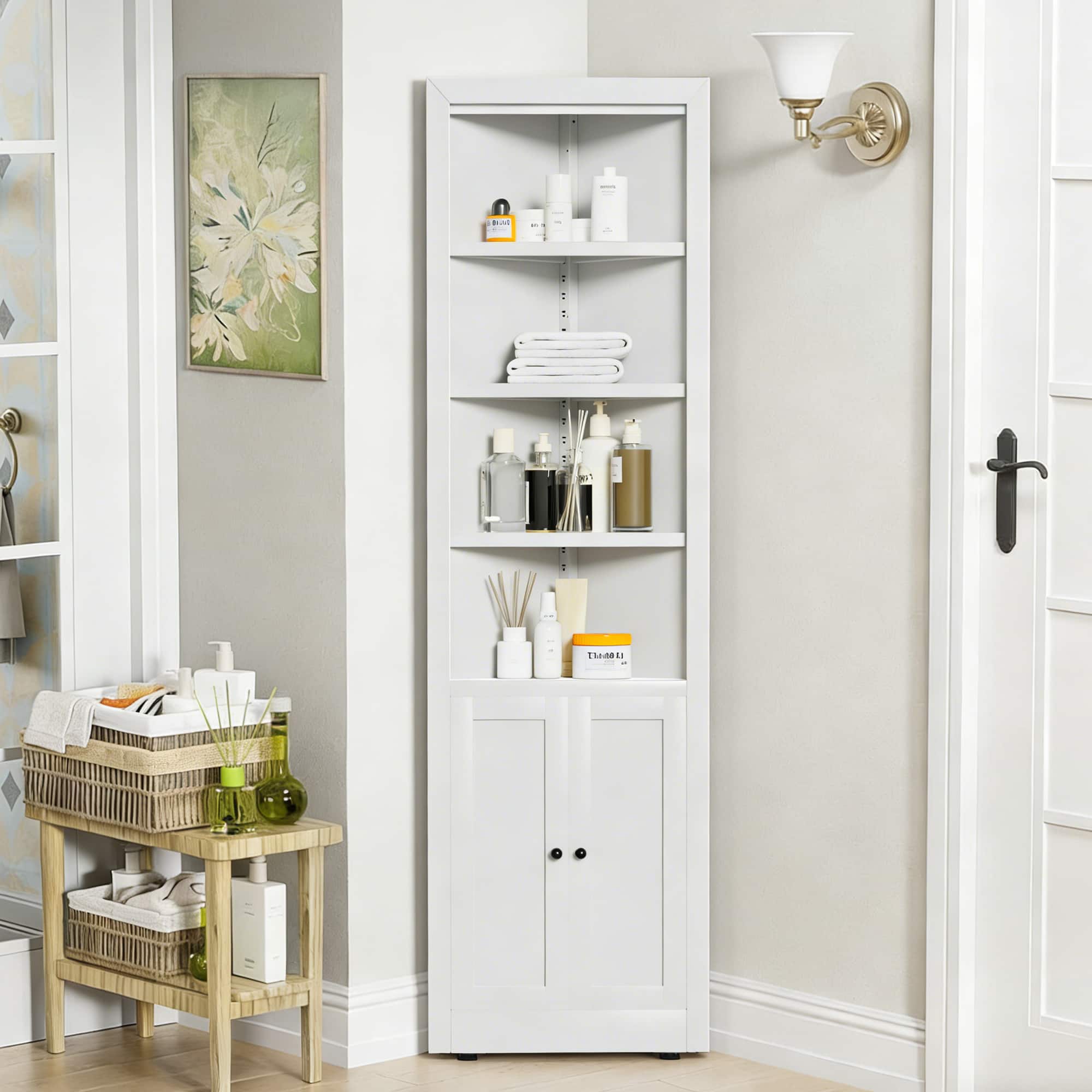 Anysun - 71" Tall 2-Door Freestanding Corner Storage Cabinet with Adjustable Shelves, Assembly Required - White