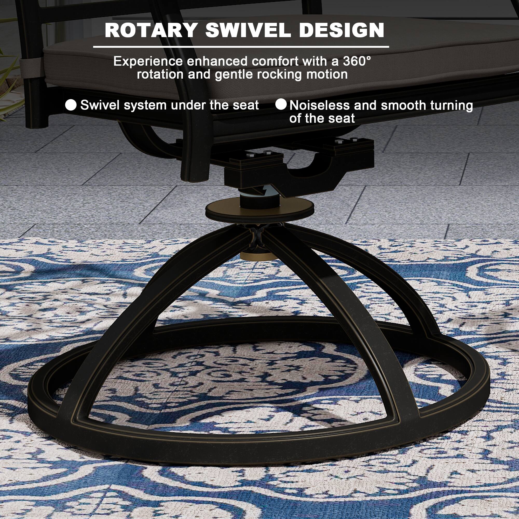 **ROTARY SWIVEL DESIGN**

Experience enhanced comfort with a 360° rotation and gentle rocking motion

- Swivel system under the seat
- Noiseless and smooth turning of the seat