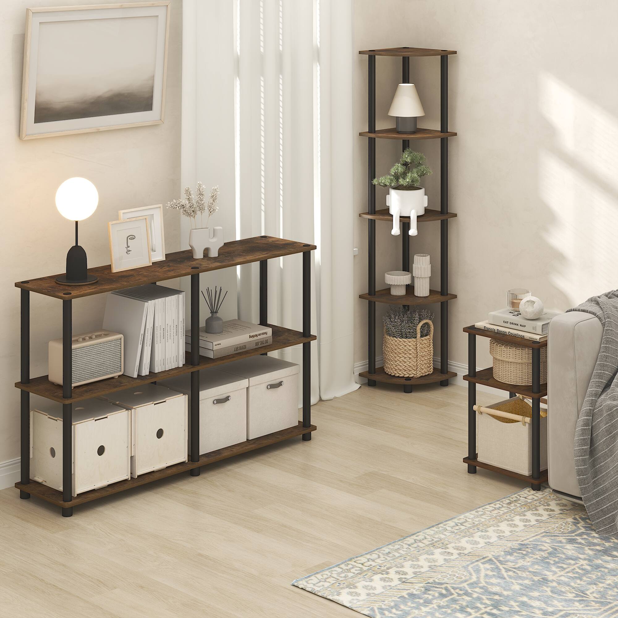 The text in the image is not clearly visible or legible. However, based on the context and common items in such settings, here is a plausible grouping and correction:

1. **On the shelves:**
   - "EAT SLEEP REPEAT"
   - "The Book of Beauty"

2. **On the picture frames:**
   - The text is not clear, but it appears to be a signature or a short phrase.

3. **On the books:**
   - "The Book of Beauty"
   - "EAT SLEEP REPEAT"

4. **On the boxes:**
   - The text is not clearly visible.

5. **On the lamp:**
   - No visible text.

6. **On the decorative items:**
   - No visible text.

If you have specific text you want to correct or clarify, please provide more details or a clearer image.