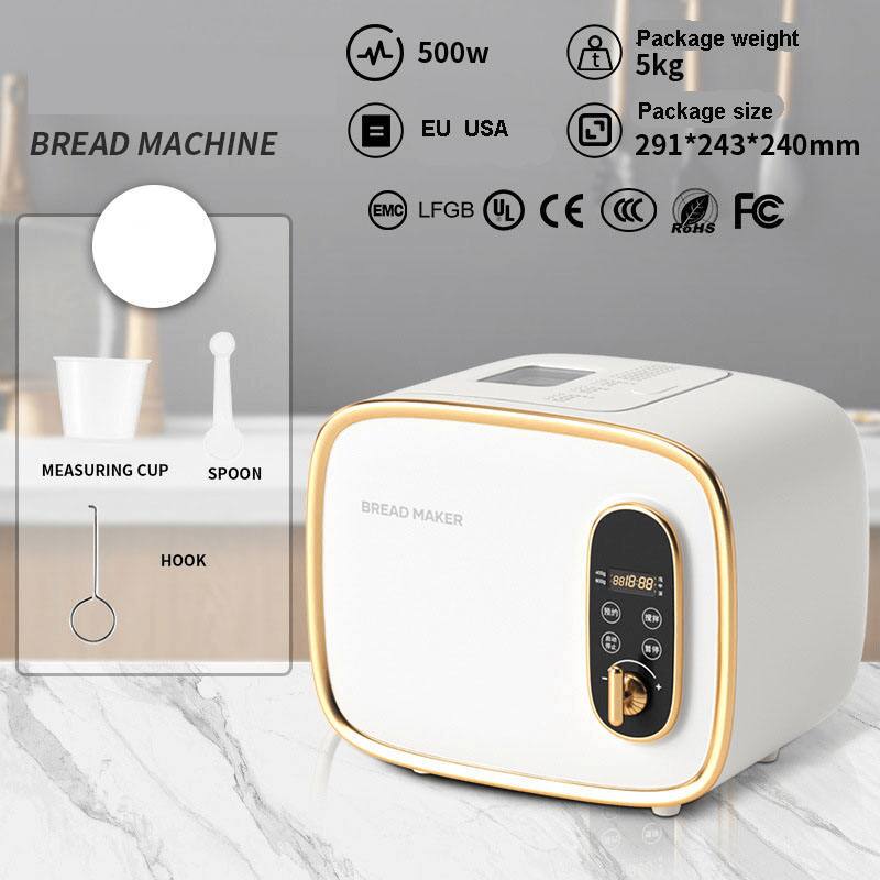 BREAD MACHINE  
500w  
EU USA  
Package weight: 5kg  
Package size: 291*243*240mm  
EMC LFGB UL CE R6HS FC  

MEASURING CUP  
SPOON  
HOOK  

BREAD MAKER