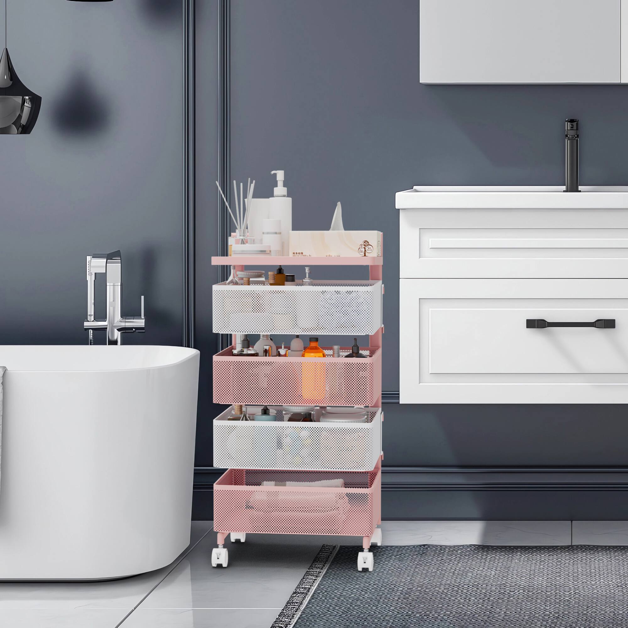 Alt View 1. Malletson - 5-Tier Rotating Kitchen Storage Cart with Wheels, Metal Mesh Organizer for Fruits, Vegetables, and Kitchen Supplies - White Pink.