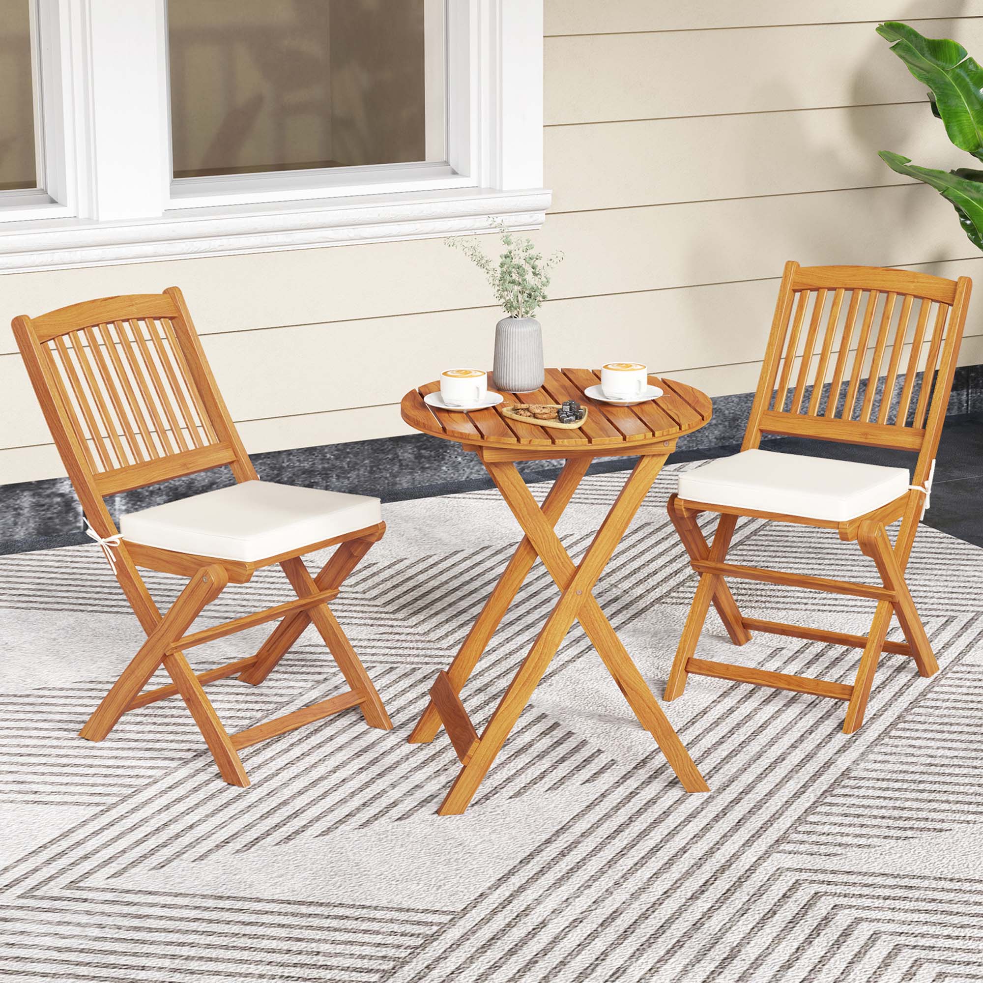 Alt View 4. Costway - Costway Outdoor Folding Chairs Set of 4 Acacia Wood High-Back Chair with Seat Cushions - Beige.