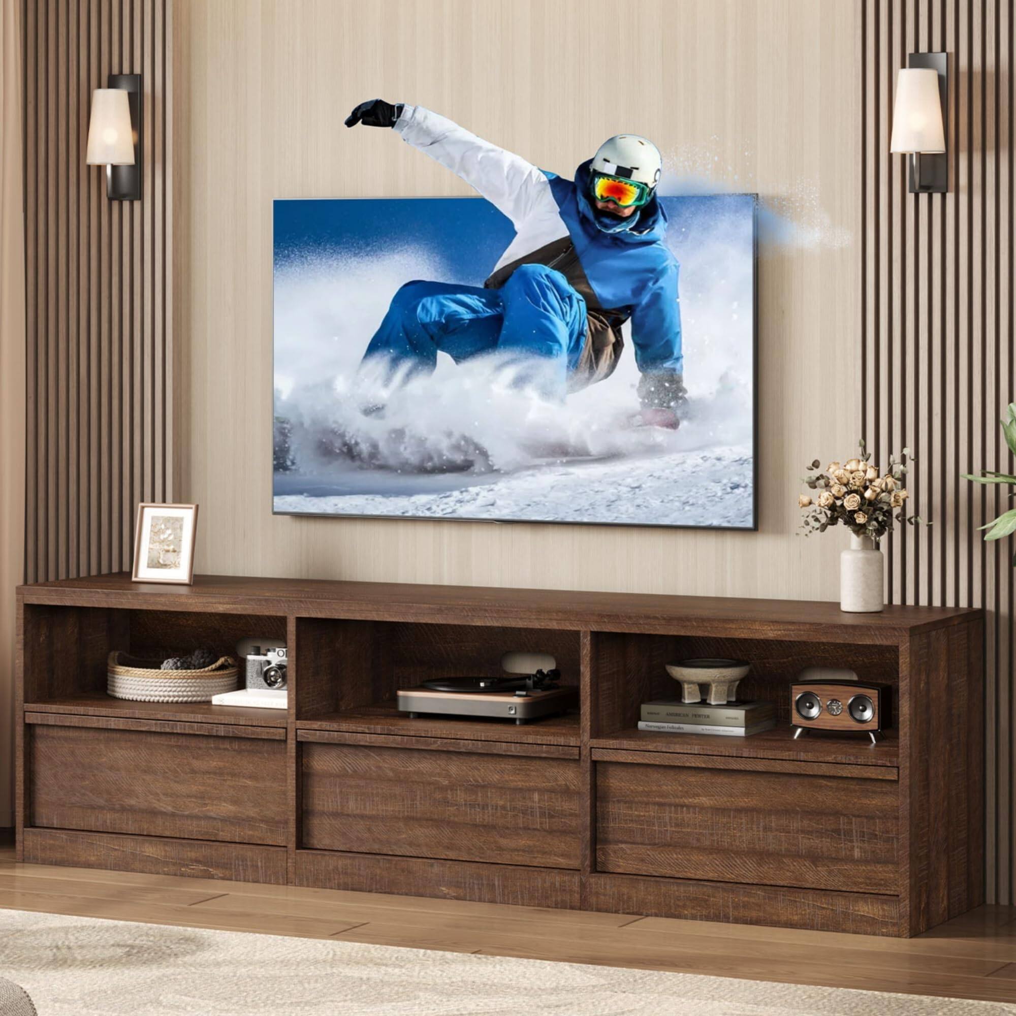 Alt View 1. Qeetex - 70" Mid Century TV Stand for 65-75 Inch TVs, Modern Entertainment Center with 3 Drawers & Open Shelves - Walnut.