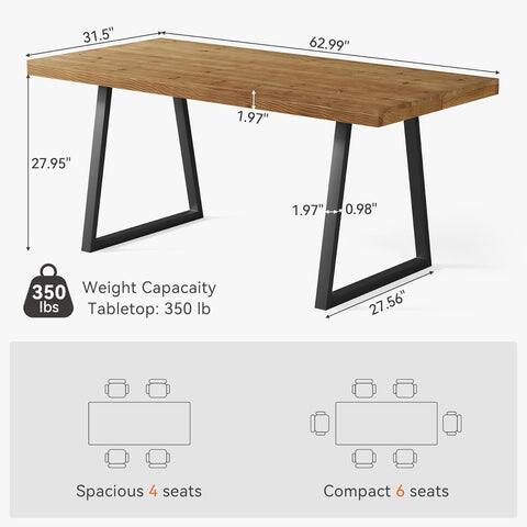 31.5"  
62.99"  
1.97"  
27.95"  
1.97"  
0.98"  
350 Weight Capacity lbs Tabletop: 350 lb  
27.56"  
Spacious 4 seats  
Compact 6 seats