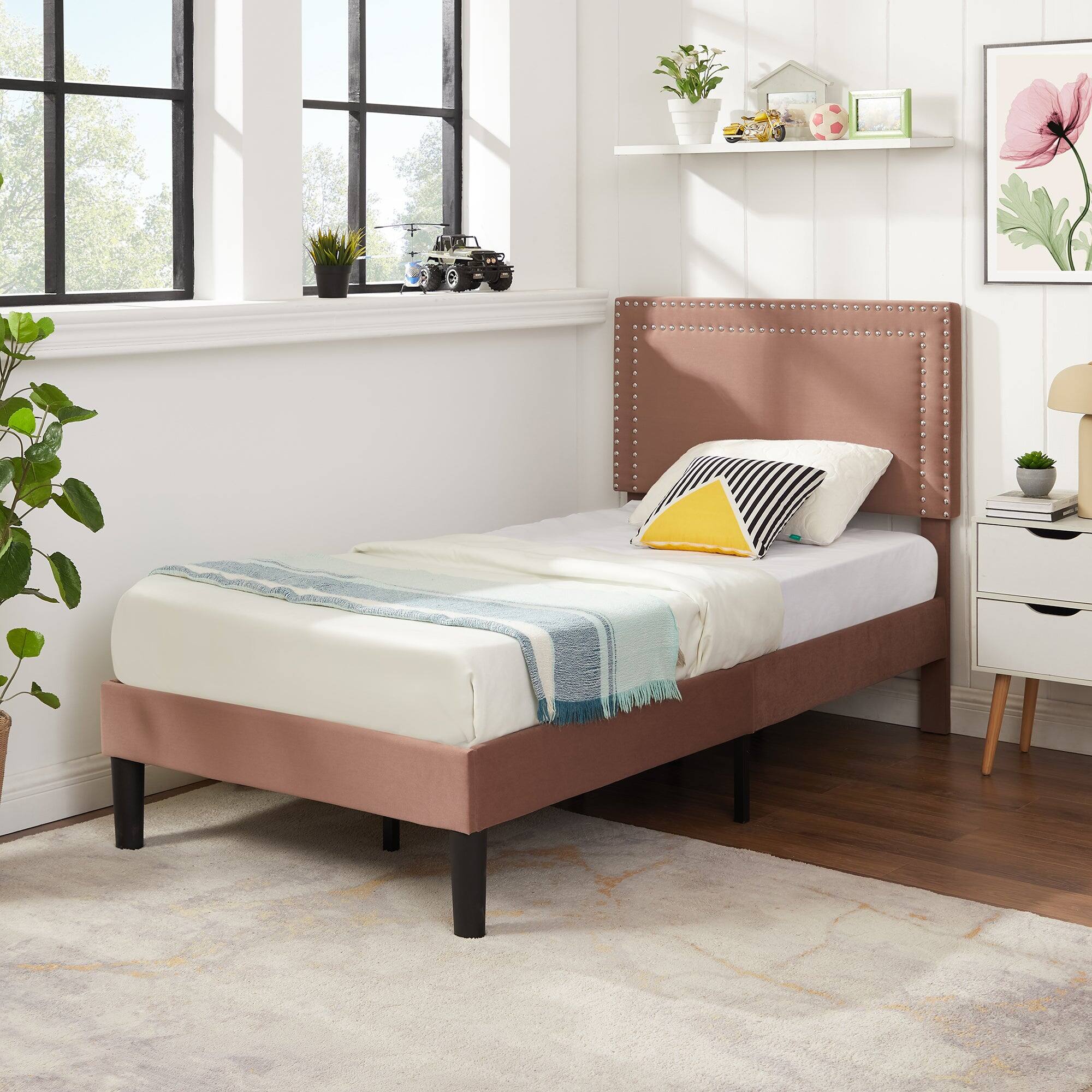 Alt View 1. Vecelo - Twin Size Platform Bed Frame with Adjustable Upholstered Headboard, Strong Wood Slat Support,No Box Spring Needed - Coffee.