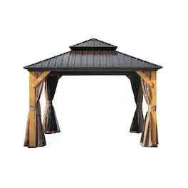 Mondawe - 12x12FT Hardtop Gazebo with Cedar Wood Frame - Brown