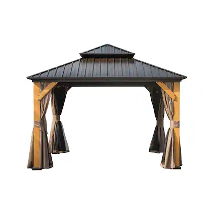 Front. Mondawe - 12x12FT Hardtop Gazebo with Cedar Wood Frame - Brown.