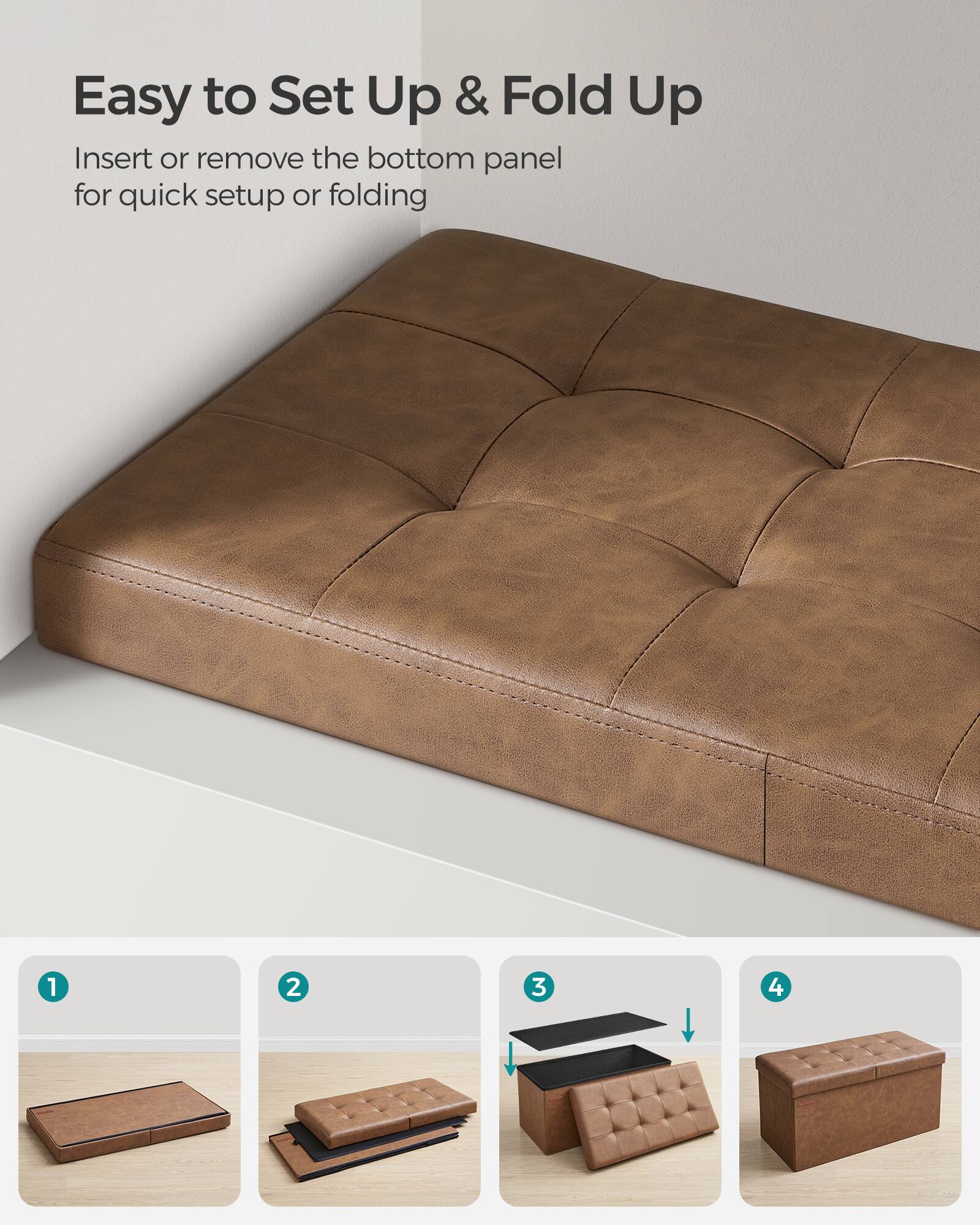 Easy to Set Up & Fold Up

Insert or remove the bottom panel for quick setup or folding

1. [Image of the bottom panel]
2. [Image of the bottom panel being inserted]
3. [Image of the bottom panel fully inserted]
4. [Image of the sofa fully assembled]