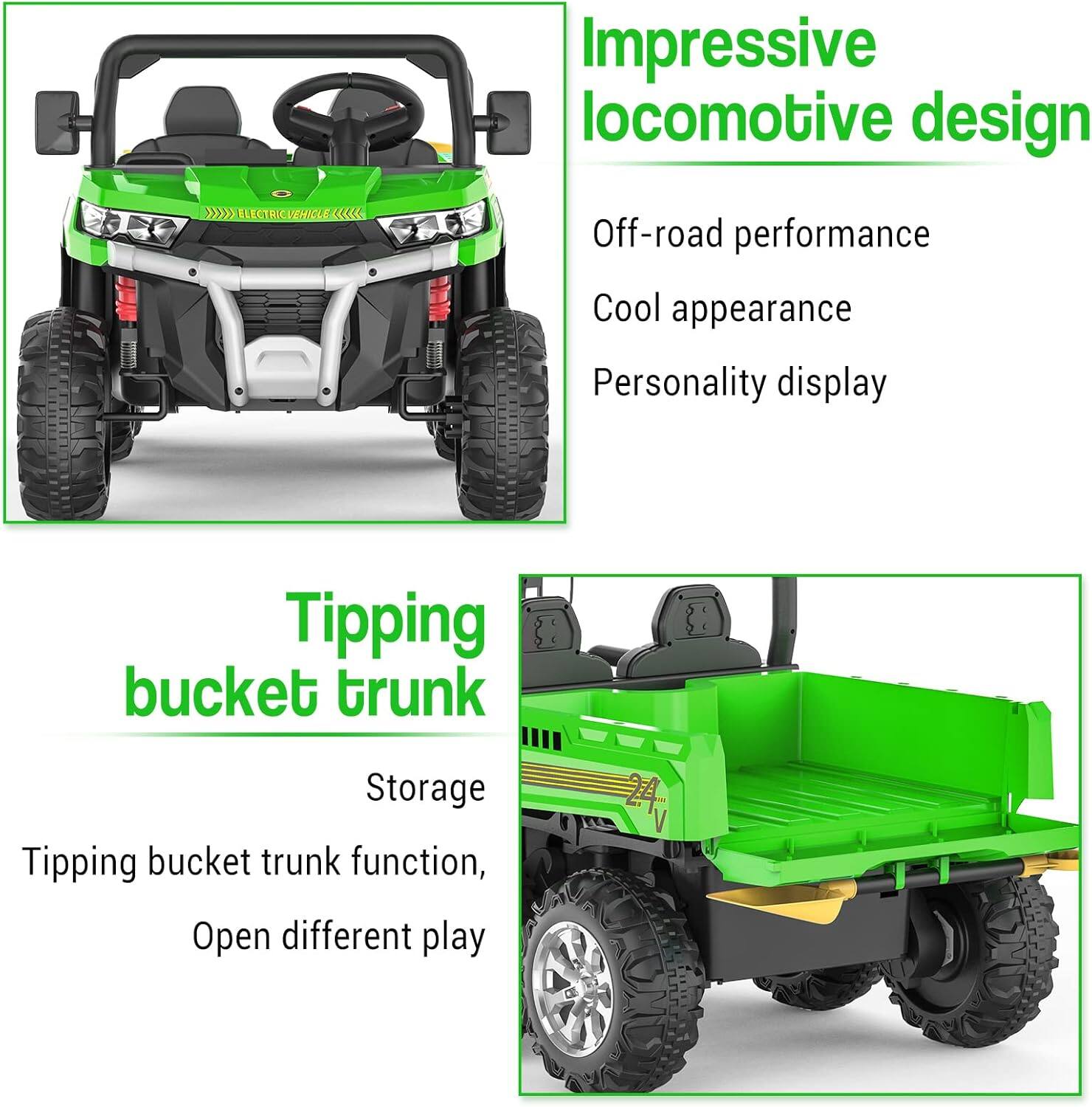 Impressive locomotive design  
- Off-road performance  
- Cool appearance  
- Personality display  

Tipping bucket trunk  
- Storage  
- Tipping bucket trunk function, Open different play