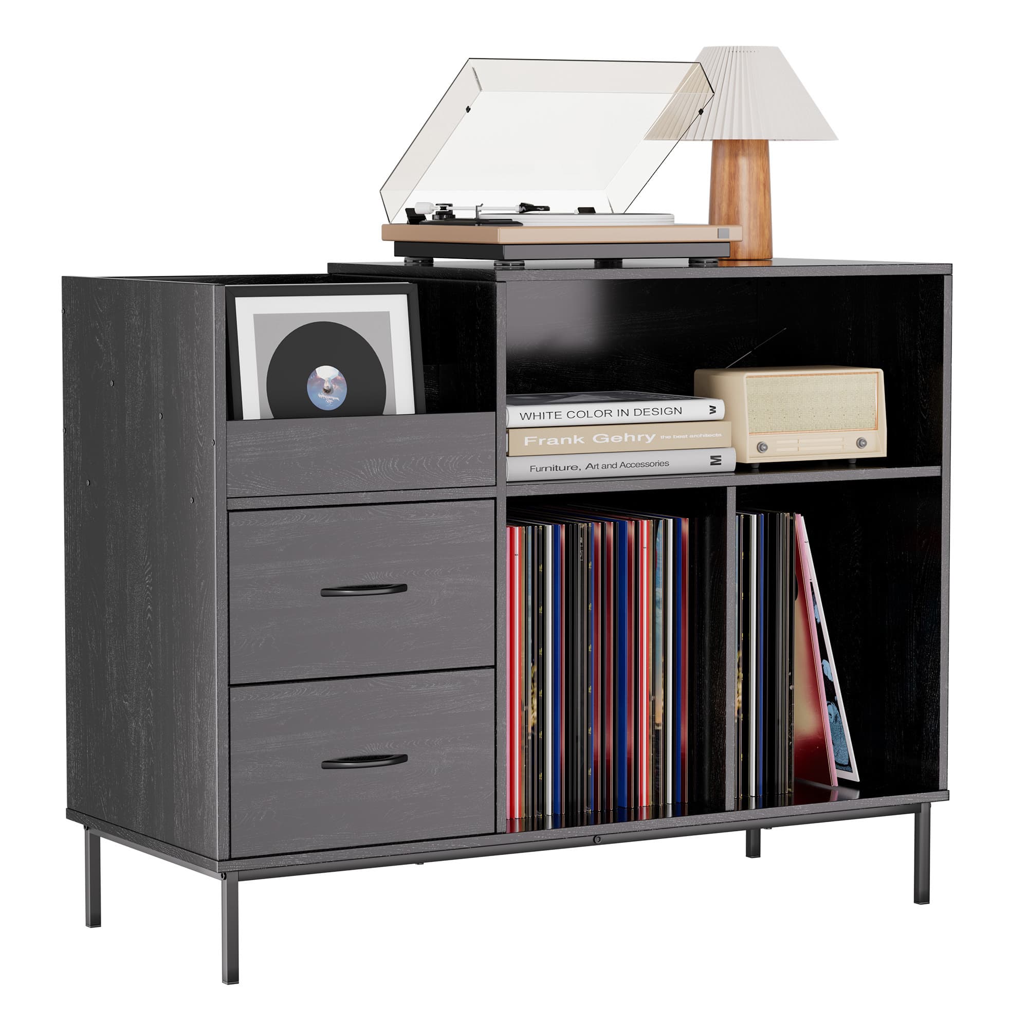 Spaco - Record Player Stand with Adjustable Shelves, Holds 350+ Vinyls, Media Console with Speaker Shelf and 2 Drawers - Black