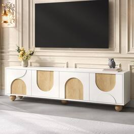 Spaco - TV Stand for TVs up to 75", Farmhouse Media Console with Cable Holes and Easy-Close Doors, Cream, Solid Wood Legs - White