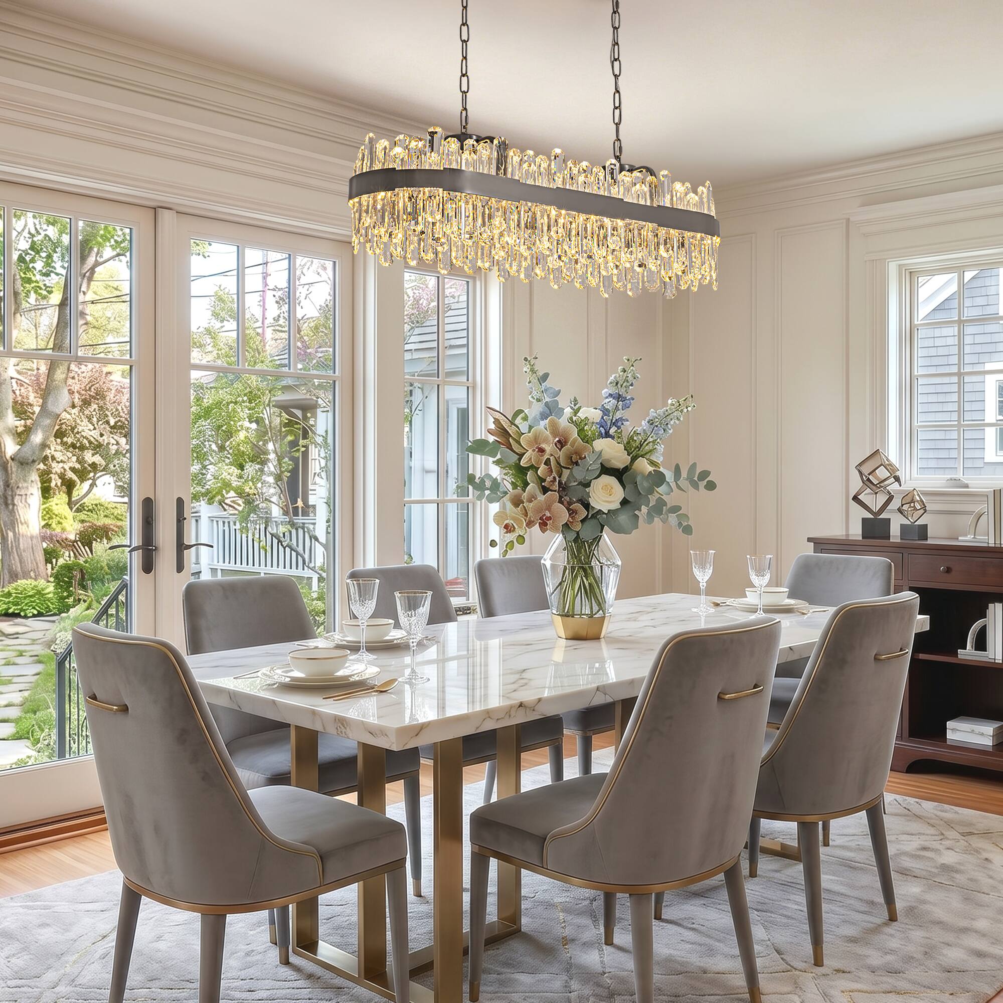 Left. Siljoy - 40-inch Modern Rectangular K9 Crystal Linear Chandelier Pendant for Dining Room Kitchen Island Bar - Graphite Black.