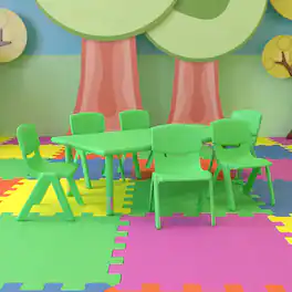 Emma + Oliver - 24"W x 48"L Rectangular Plastic Height Adjustable Activity Table Set with 6 Chairs - Green
