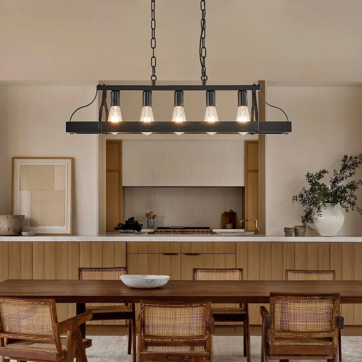 Angle. Loheer - Loheer 34 Inch Black Pendant Light, Five Light E26 Industrial Linear Chandelier with Adjustable Chain.