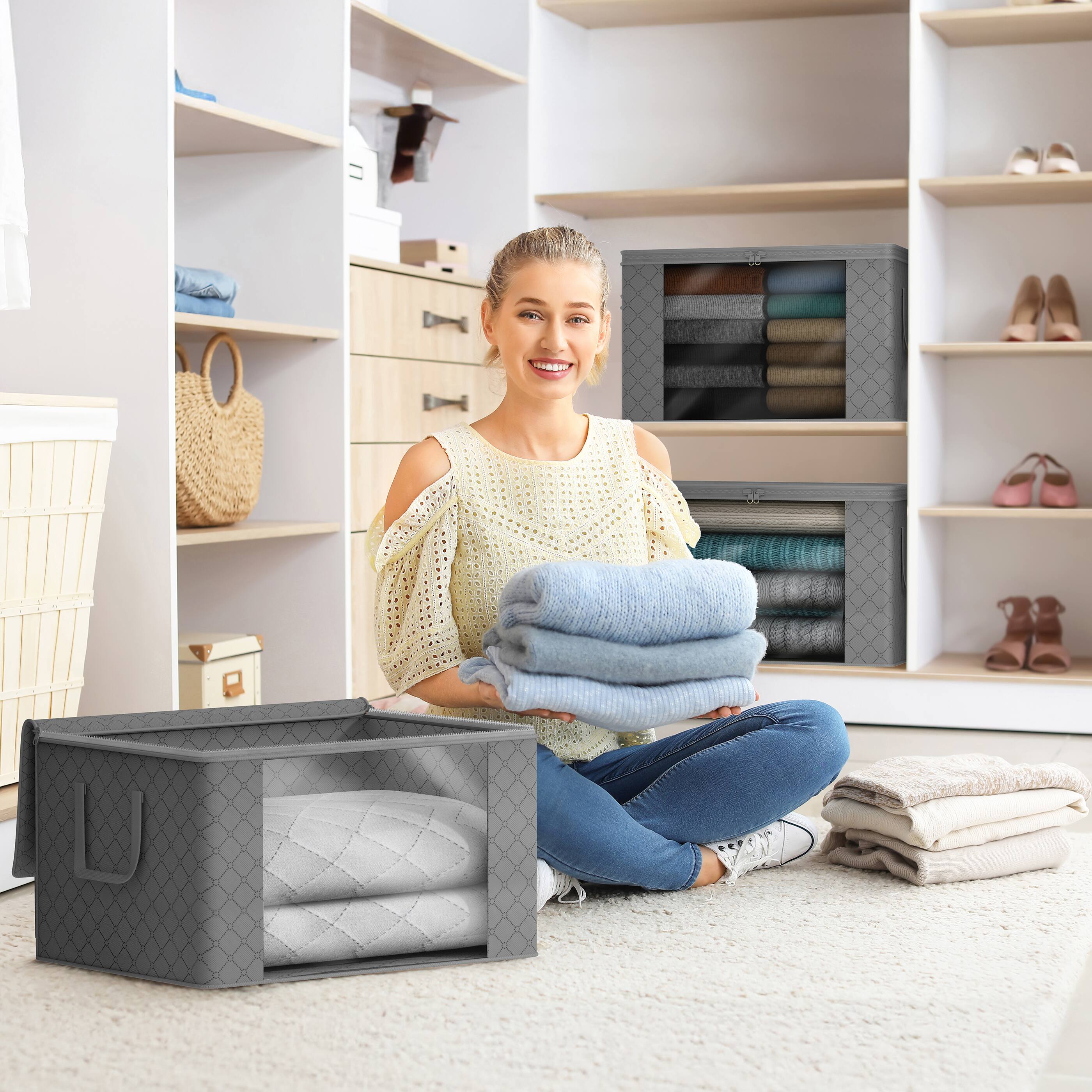 Angle. Sorbus - Sorbus Foldable Storage Bag Organizers, Large Clear Window, Carry Handles great for Clothes, Blankets, Closets, Bedrooms - Gray.