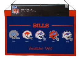 Winning Streak Sports - Buffalo Football Bills Wool Blend Wall Hanging Heritage Banner featuring logos from 1960, 1962, 1982, 2002, & 2011 - Multi