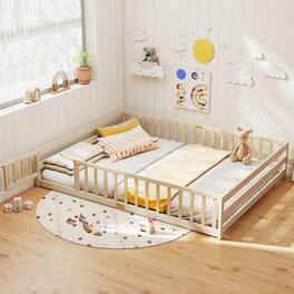 Costway - Queen Size Floor Bed with Full Length Safety Guardrails & Door for Boys, Girls - Natural