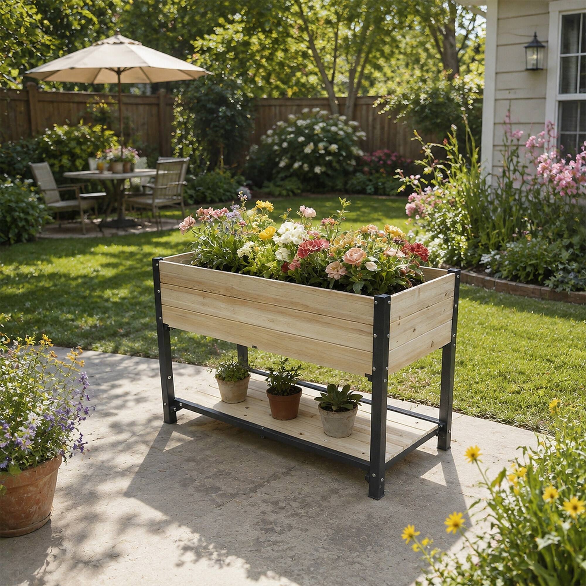 Alt View 2. RYHNUYNE - Solid Wood and Iron Raised Garden Bed with Reversible Panels, No Paint or Formaldehyde, DIY Planter for Vegetables - Natural.