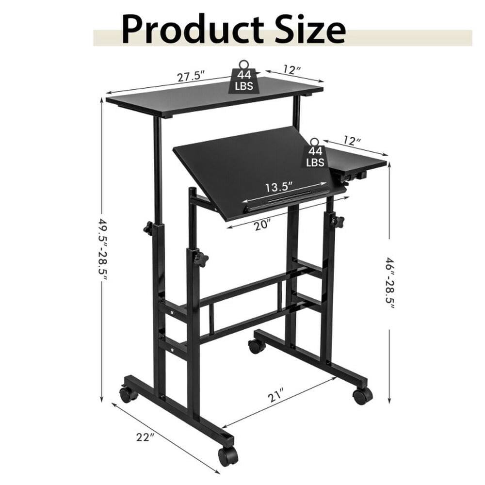 Product Size

- 27.5" (width)
- 44" (length)
- 12" (depth)
- 44 LBS (weight capacity)
- 12" (depth)
- 49.5"-28.5" (height)
- 13.5" (depth)
- 20" (depth)
- 46"-28.5" (height)
- 21" (depth)
- 22" (width)