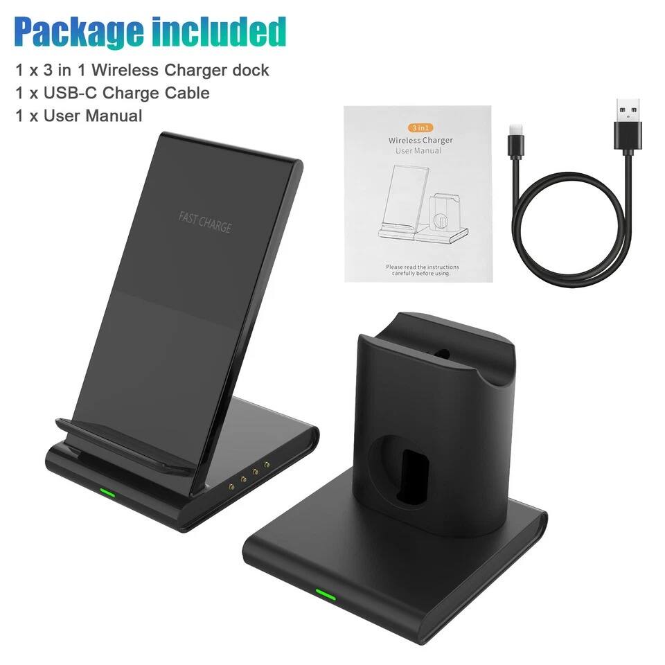 Package included

1 x 3 in 1 Wireless Charger dock  
1 x USB-C Charge Cable  
1 x User Manual  

FAST CHARGE  

Please read the instructions carefully before using.