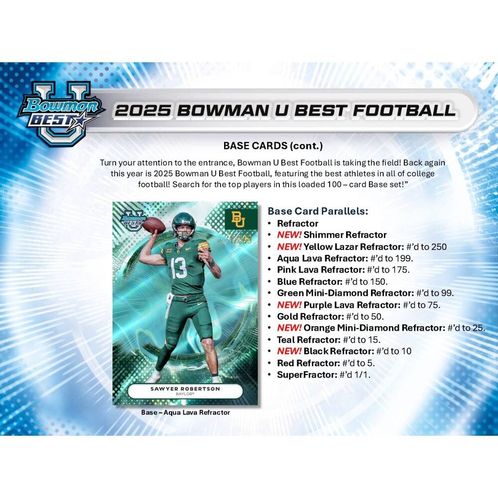 Bowman 2025 Bowman U Best Football Best Base Cards (cont.)  
Turn your attention to the entrance, Bowman U Best Football is taking the field! Back again this year is 2025 Bowman U Best Football, featuring the best athletes in all of college football! Search for the top players in this loaded 100-card Base set!

Base Card Parallels:  
- Refractor  
- NEW! Shimmer Refractor  
- Yellow Lazar Refractor: #’d to 250  
- Aqua Lava Refractor: #’d to 199  
- Pink Lava Refractor: #’d to 175  
- Blue Refractor: #’d to 150  
- Green Mini-Diamond Refractor: #’d to 99  
- NEW! Purple Lava Refractor: #’d to 75  
- Gold Refractor: #’d to 50  
- NEW! Orange Mini-Diamond Refractor: #’d to 25  
- Teal Refractor: #’d to 15  
- NEW! Black Refractor: #’d to