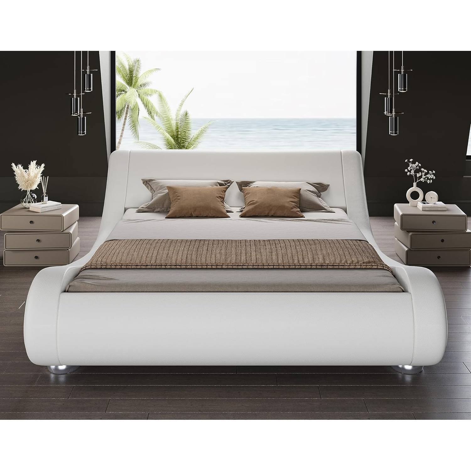 Angle. Hivvago - Queen Modern White Upholstered Platform Bed Frame with Sleigh Curved Headboard - White.