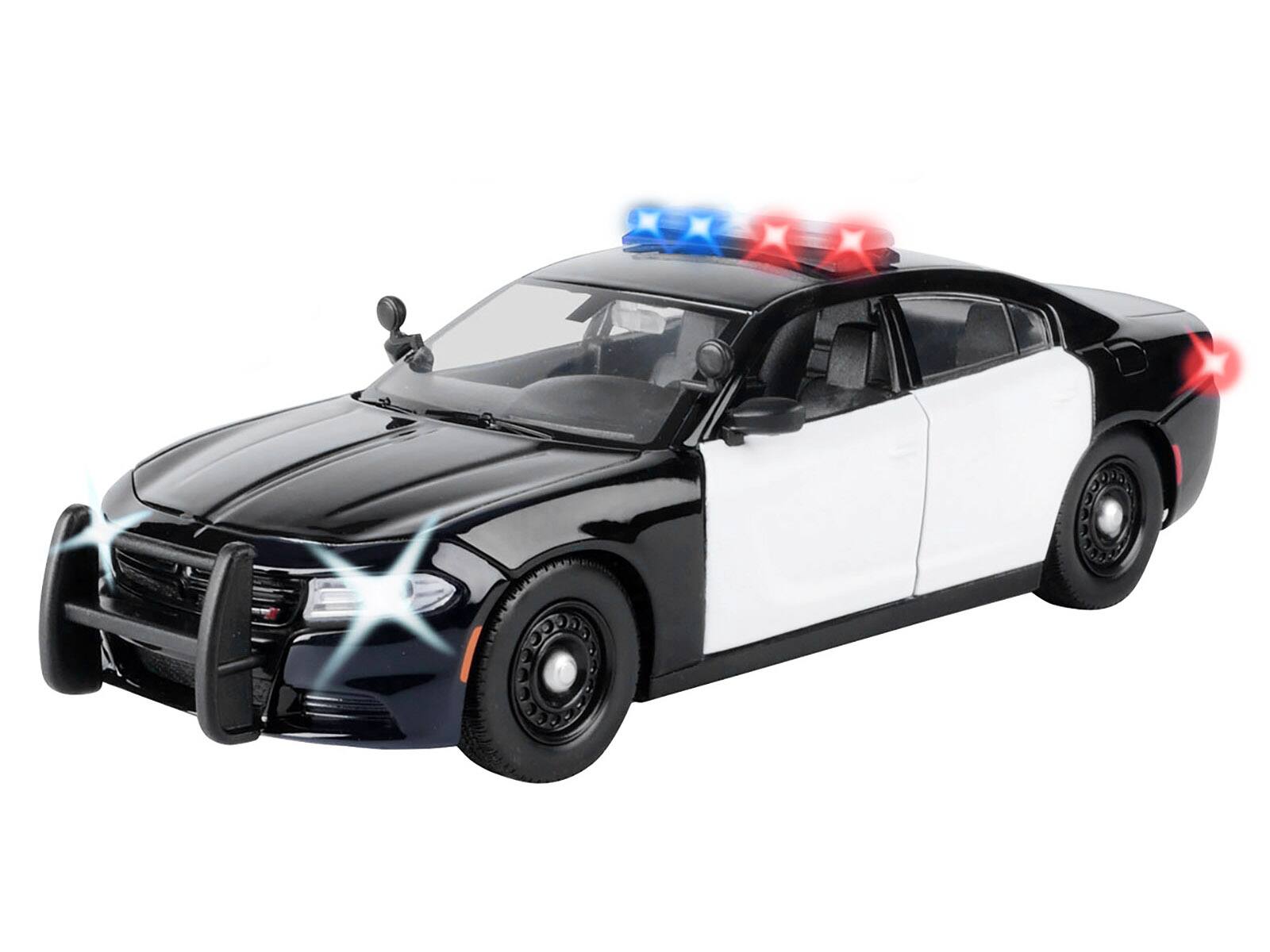 Alt View 1. Motormax - 2023 Dodge Charger Pursuit Police Car Black & White w/Light Bar, Front & Rear Lights & Sounds 1/24 Model Car by Motormax.