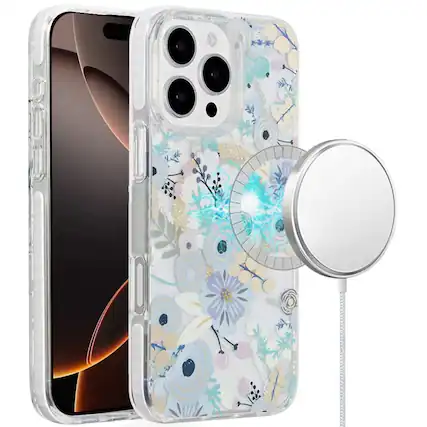 Front. Kitcheniva - IMD Dual Layer Magnetic Circle Cover Phone Case With Tempered Glass For iPhone 16 Pro Blue Floral - Multicolor.