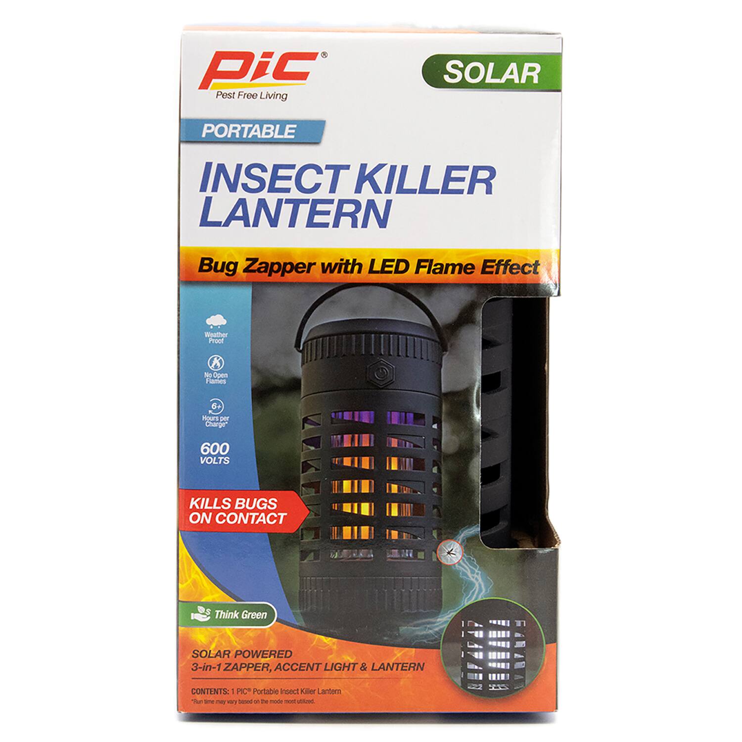 Pic Pest Free Living SOLAR PORTABLE INSECT KILLER LANTERN Bug Zapper with LED Flame Effect Weather Proof No Open Flames 600 VOLTS KILLS BUGS ON CONTACT Think Green SOLAR POWERED 3-in-1 ZAPPER, ACCENT LIGHT & LANTERN CONTENTS: 1 PIC Portable Insect Killer Lantern