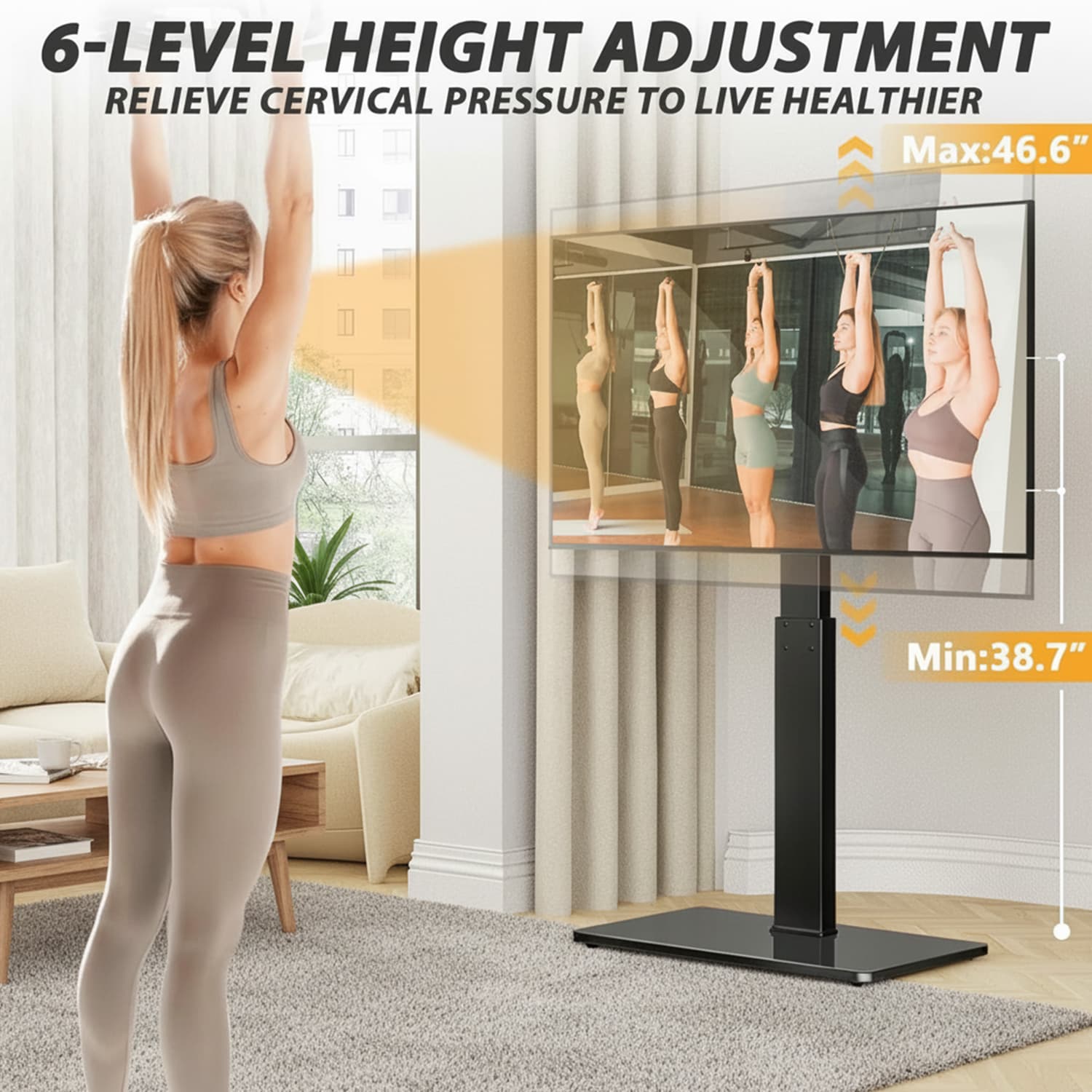 6-LEVEL HEIGHT ADJUSTMENT  
RELIEVE CERVICAL PRESSURE TO LIVE HEALTHIER  

Max: 46.6"  
Min: 38.7"