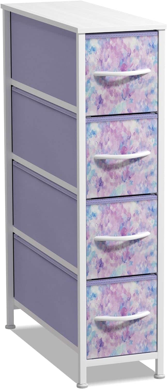 Sorbus - Narrow Dresser with 4 Drawers, Vertical Slim Storage Chest of Drawers with Steel Frame - Purple Tie-Dye