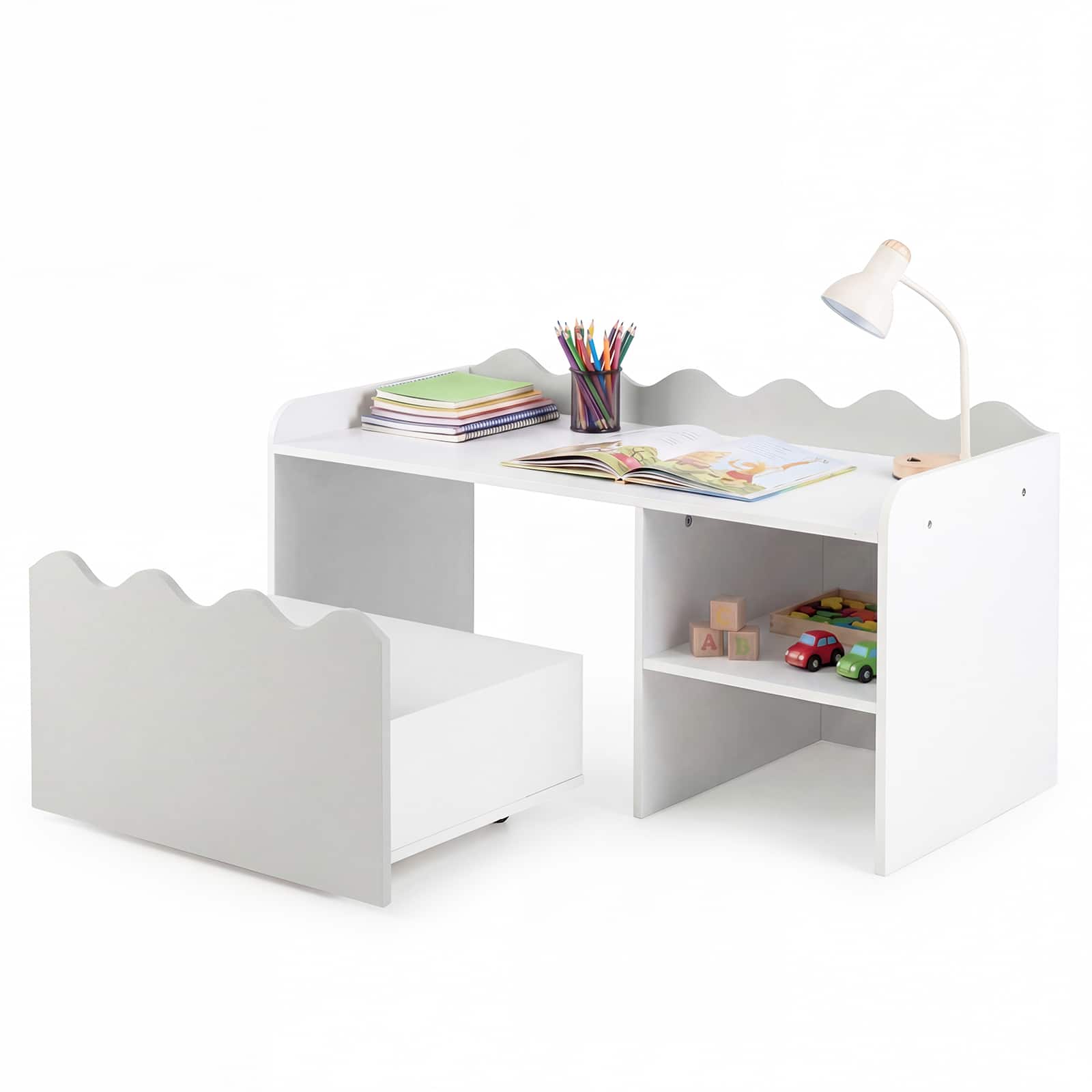 Costway - Kids Bookshelf & Toy Storage Organizer,Wooden Toddler Book Rack with Movable Drawer - Gray + White
